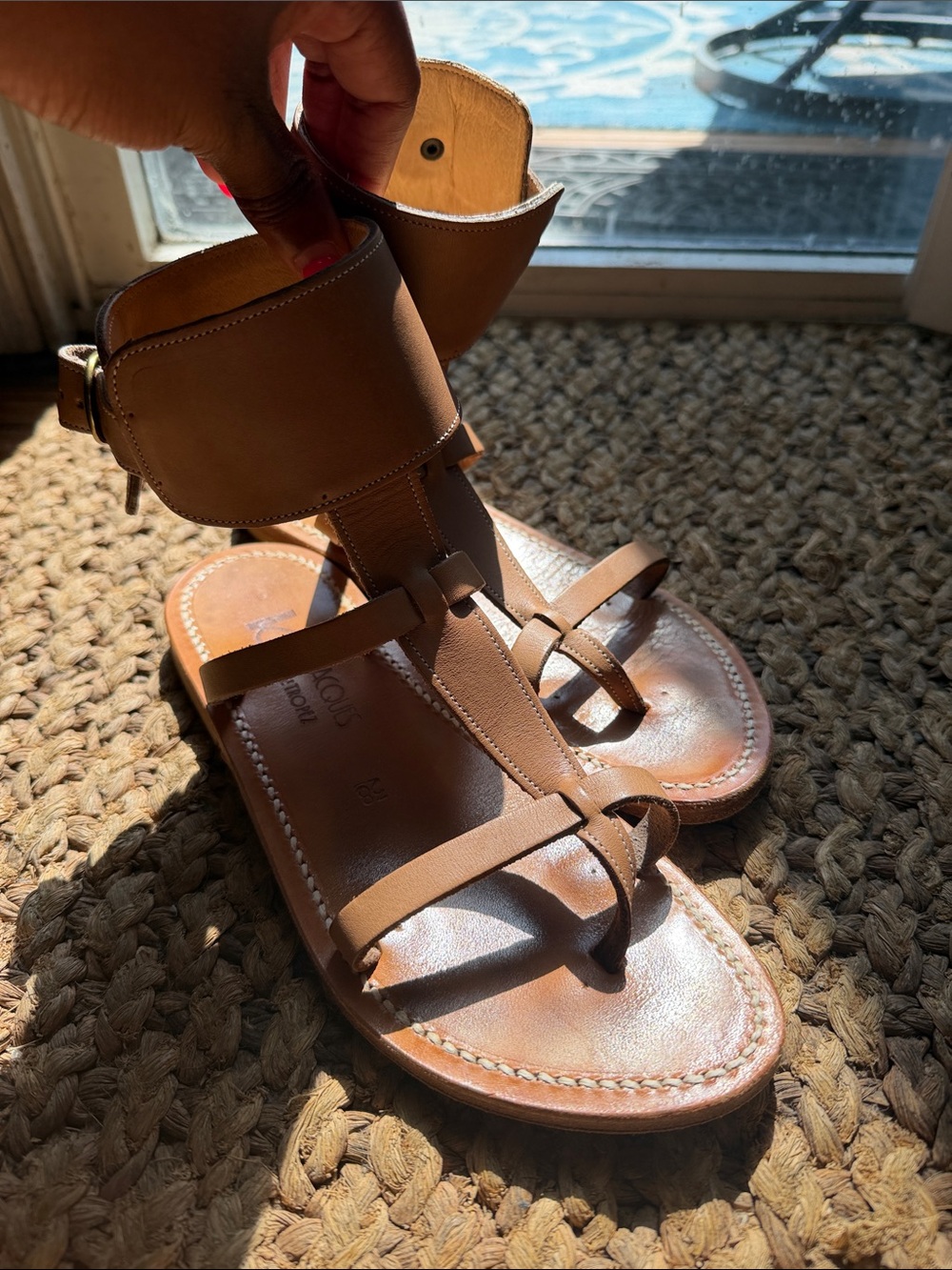 K.Jacques Tan Leather Ankle-Strap Toe-Loop Sandals